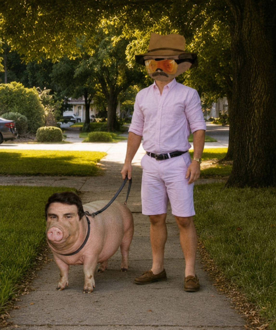 Satirical suburban image of a pink-clad mascot walking a human-faced pig on a leash