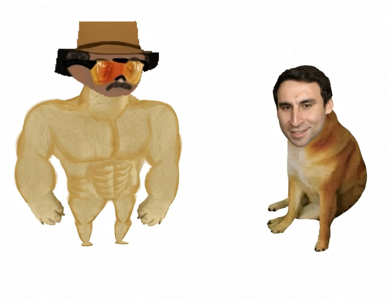 Buff desert mascot beside a small dog-bodied reaction character