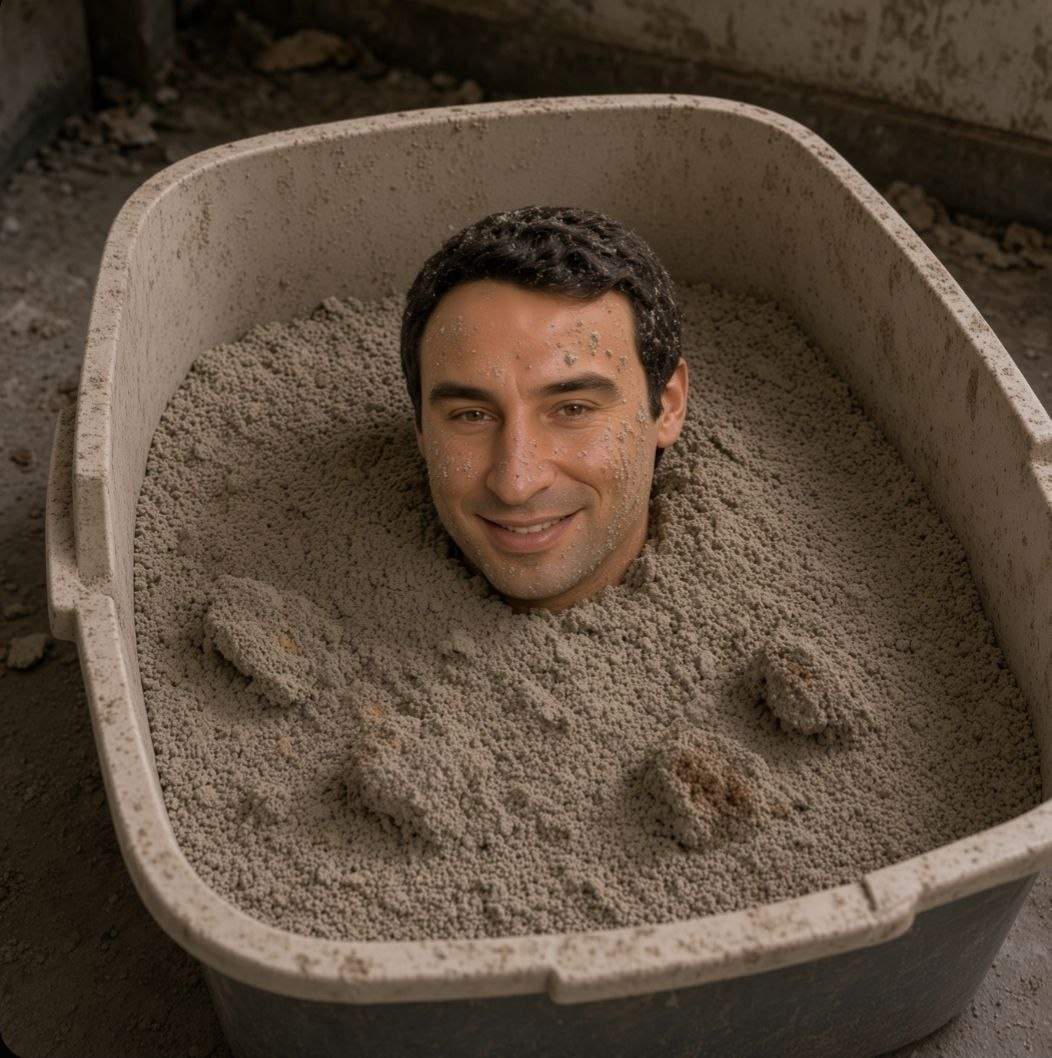 Man buried up to his neck in a construction tub