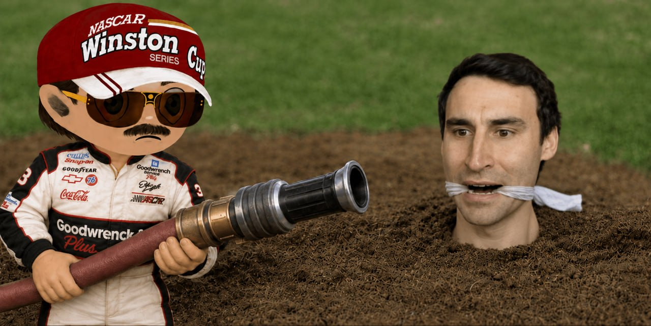 Race driver mascot pointing a fire hose at a buried character