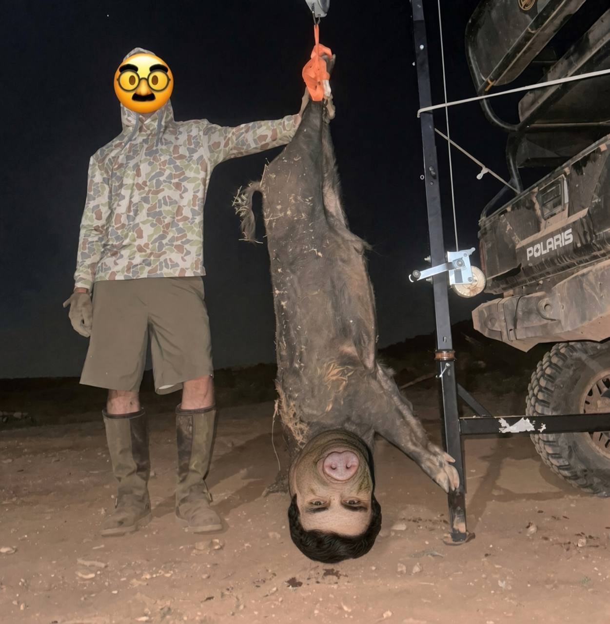 Night hunter posing with an upside-down pig-faced meme figure