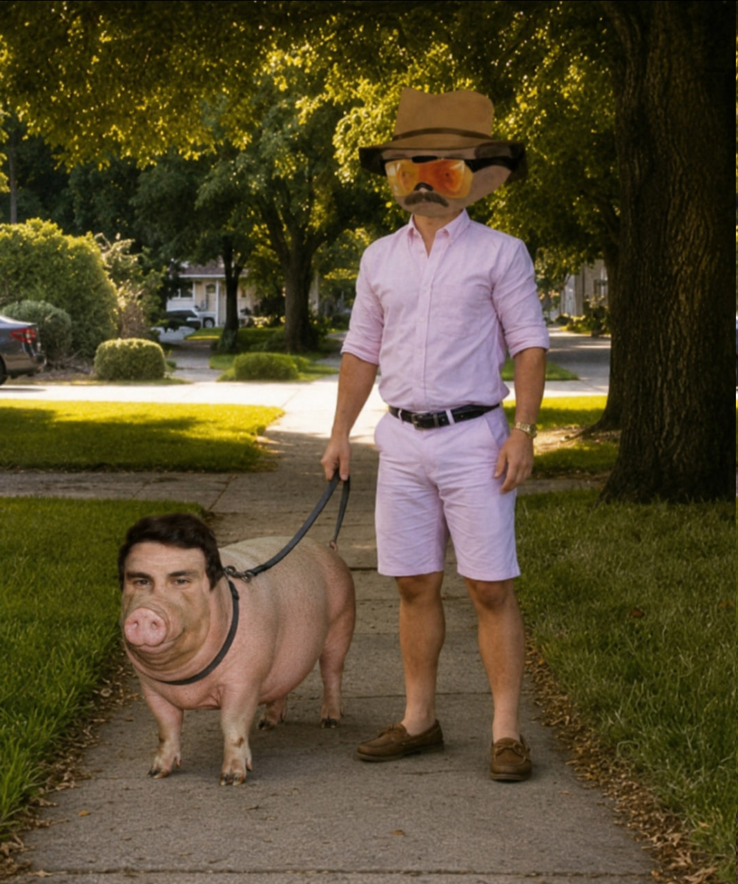 Pink-clad desert mascot walking a human-faced boar on a suburban sidewalk