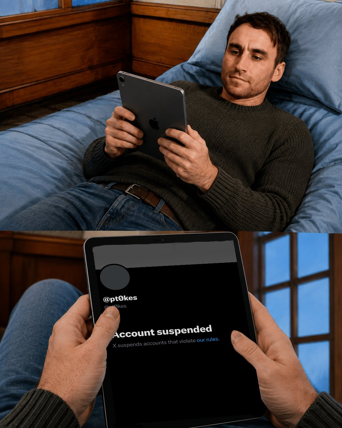 Two-panel meme of a man viewing an account suspended notice